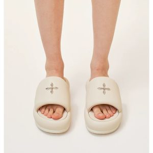 Cross-border spot X SMFK new cross flower sandals women's wilderness black leather wear thick-soled height-increasing slippers