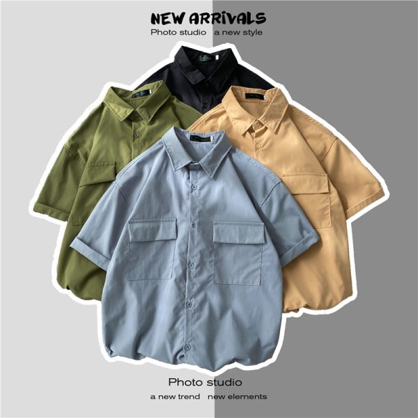Cargo short-sleeved shirts, men's summer, thin Hong Kong style, ins, handsome, trendy jackets, casual youth couple shirts