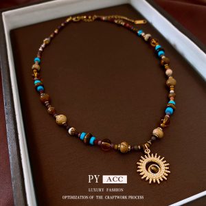 Titanium steel natural stone sun pendant stainless steel necklace cross-border Maillard temperament collarbone chain niche jewelry wholesale
