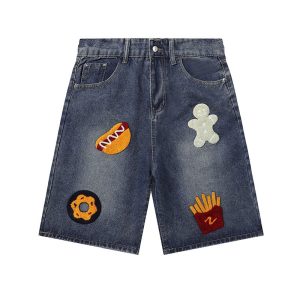 Cross border plus size denim shorts women's summer new creative fries towel embroidery loose wash distressed cropped pants 2