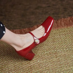 2024 New Spring Red Strap High HeelsMary Jane ShoesPatent Leather Square Toe Block Heel Shoes Wedding Shoes Women