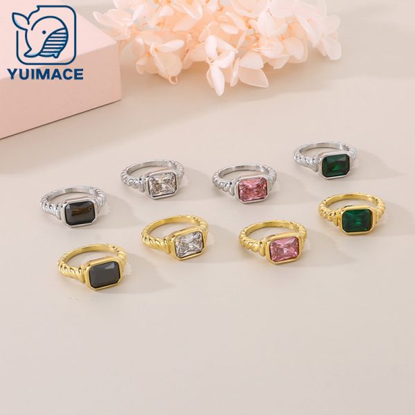 European and American cross-border stainless steel square glass rings, women's light luxury tide, European and American retro color rings, hand jewelry in stock