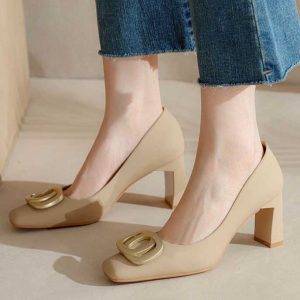 White thick heel square toe high heels women's middle heel hotel business pumps French evening style shoes