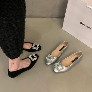 Flat Silver Premium Square Toe Rhinestone Single Shoes Women's Shoes 2024 New Summer Black Commuter Beanie Shoes
