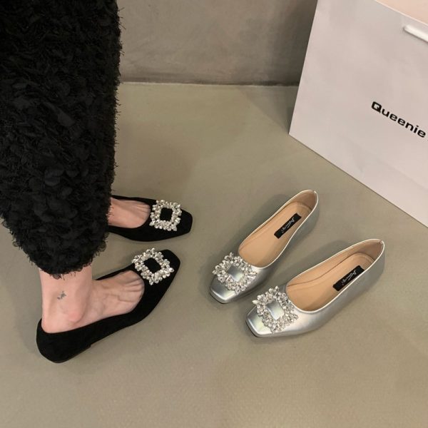 Flat Silver Premium Square Toe Rhinestone Single Shoes Women's Shoes 2024 New Summer Black Commuter Beanie Shoes - Image 4