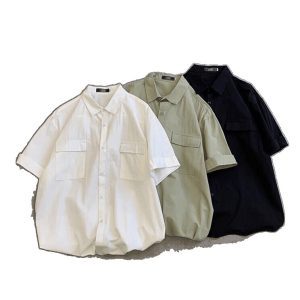 Workwear short-sleeved shirt men's Korean version trendy handsome white shirt men's ins Hong Kong style design sense foreign couple Jiatai