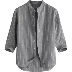 Korean version men's linen shirt stand-up collar cardigan loose casual breathable linen shirt youth three-quarter sleeve top men