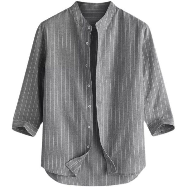 Korean version men's linen shirt stand-up collar cardigan loose casual breathable linen shirt youth three-quarter sleeve top men - Image 5