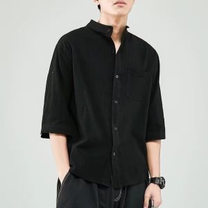 Linen shirt men's short sleeve shirt loose large size Japanese style collarless summer cotton linen thin jacket with cropped mid sleeves