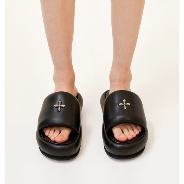 Cross-border spot X SMFK new cross flower sandals women's wilderness black leather wear thick-soled height-increasing slippers - Image 3