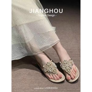 Sheepskin version ~ bohemian sandals, women's pearls, rhinestones, temperament, celebrities, noblewomen, slippers, women's wear high-end shoes
