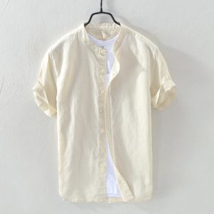 Short sleeve cotton and linen shirt 2025 men's summer small fresh stand-up collar casual breathable loose linen half-sleeve shirt