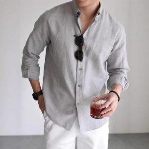 American cotton and linen cargo shirt men's breathable slim long sleeve business casual commuter shirt linen sun protection cardigan thin