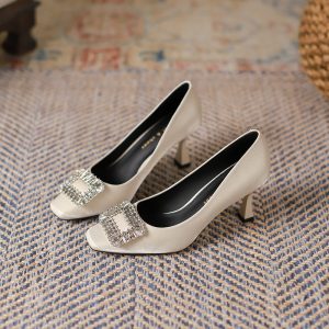 3788-8 Square toe thin heel rhinestone square buckle shoes for women, Korean pumps satin shoes, solid color commuter high heels, women's autumn