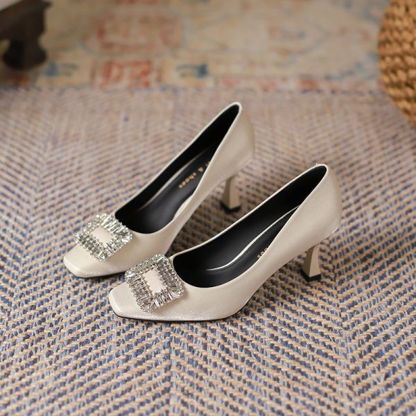 3788-8 Square toe thin heel rhinestone square buckle shoes for women, Korean pumps satin shoes, solid color commuter high heels, women's autumn - Image 3