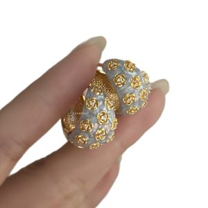 Embossed haze blue French retro drip glaze rose flower zircon earrings women's light luxury sense of luxury niche temperament