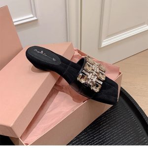 Sheepskin version ~ French temperament rhinestone high-end sense of one-line sandals for women to wear in summer with versatile block heel sandals