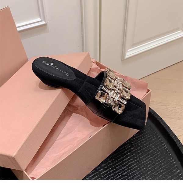 Sheepskin version ~ French temperament rhinestone high-end sense of one-line sandals for women to wear in summer with versatile block heel sandals - Image 4