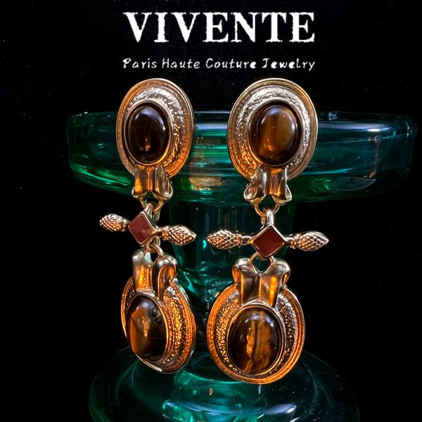 New Maillard Tiger's Eye Earrings Vintage Copper Plated Real Gold Luxurious Mid-Style High Mark Earrings - Image 4