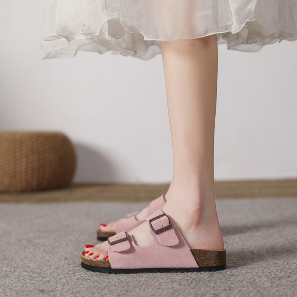 Cowhide version of Su Yinyin, the same cow reverse velvet retro buckle beach casual couple thick-soled plus-size Boken slippers women - Image 2