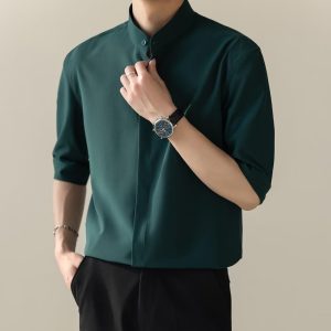 Summer stand-up collar ice silk short-sleeved shirt men's ins trendy brand new Chinese light mature style slim non-iron five-and-a-half shirt