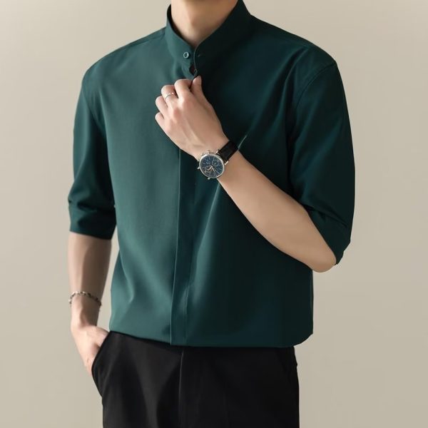 Summer stand-up collar ice silk short-sleeved shirt men's ins trendy brand new Chinese light mature style slim non-iron five-and-a-half shirt - Image 5