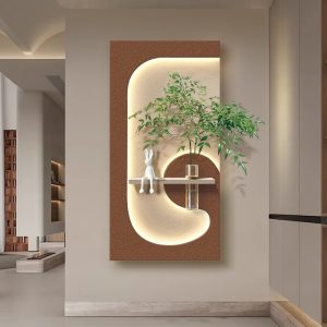Cream style three-dimensional entrance decoration painting, hydroponic green plants, living room hanging painting, sandstone texture creativity, high-end wall lamp painting