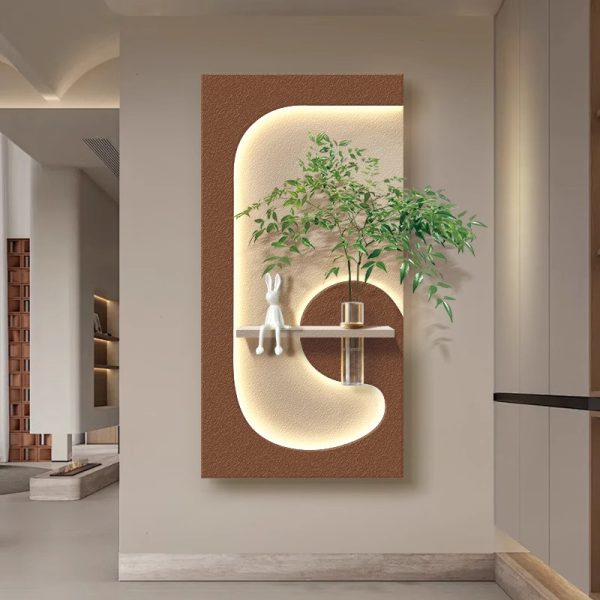 Cream style three-dimensional entrance decoration painting, hydroponic green plants, living room hanging painting, sandstone texture creativity, high-end wall lamp painting