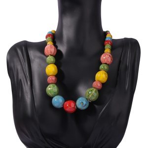 W846 Vintage ethnic style ceramic necklace women's long simple color beaded collarbone chain versatile floral glaze sweater chain