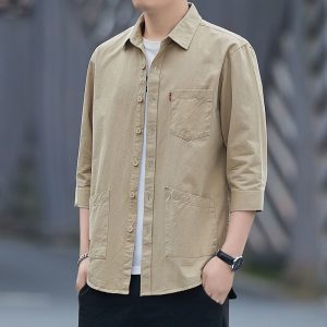 Summer three-quarter sleeve shirt high-end cotton iron-free short sleeve shirt men's loose version workwear medium sleeve jacket wholesale