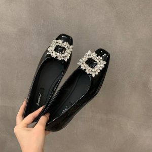 Flat Silver Premium Square Toe Rhinestone Single Shoes Women's Shoes 2024 New Summer Black Commuter Beanie Shoes
