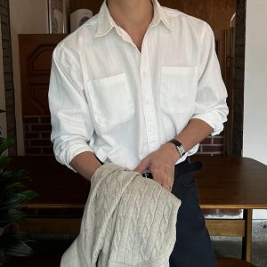 ASCLO Spring/Summer Simple Shirt Men's Korean Linen White Shirt Casual, Versatile, Handsome Lapels, Luxury