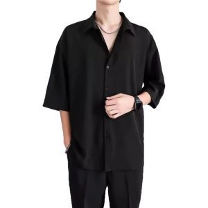 Summer trend brand thin loose casual ice silk shirt men's shirt short sleeve black Hong Kong style drape no-iron shirt