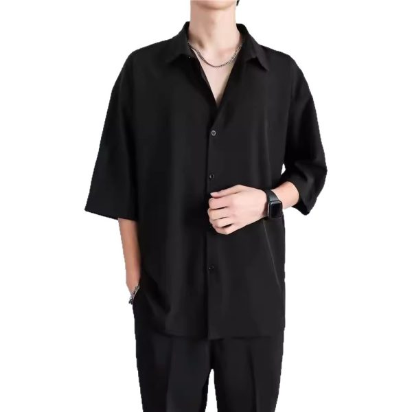Summer trend brand thin loose casual ice silk shirt men's shirt short sleeve black Hong Kong style drape no-iron shirt - Image 5