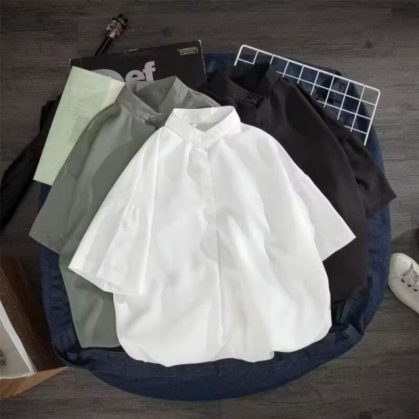 Summer ice silk short-sleeved shirt men's loose Hong Kong style Japanese small stand-up collar shirt ins trend ruffian handsome pullover top - Image 4