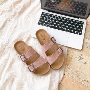 Belt buckle thick-soled Birkenstock slippers women's outer wear 2025 summer new one-foot flat round-toe nubuck women's shoes