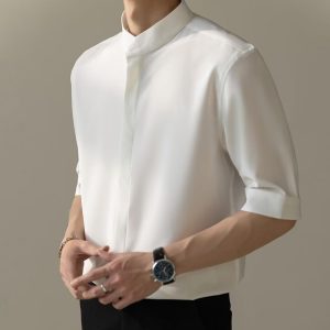 Summer stand-up collar ice silk short-sleeved shirt men's ins trendy brand new Chinese light mature style slim non-iron five-and-a-half shirt