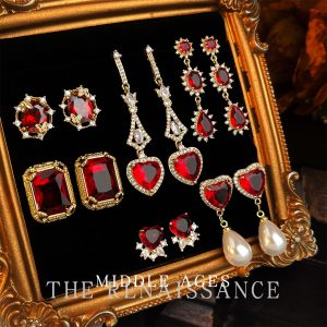 Burgundy ~ vintage medieval style red zircon earrings collection French retro Hong Kong style high-end earrings for women