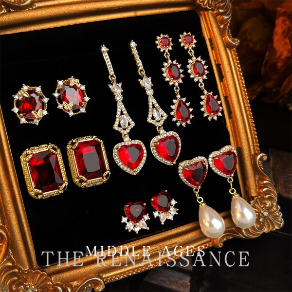 Burgundy ~ vintage medieval style red zircon earrings collection French retro Hong Kong style high-end earrings for women - Image 3
