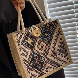 Ethnic canvas bag women's summer new fashion outing hand-held linen lunch box bento bag hand-carried mommy bag