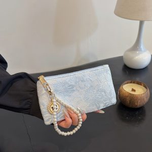 2025 new national style lace Chinese style pearl hand zipper long wallet women's card holder short coin purse bag