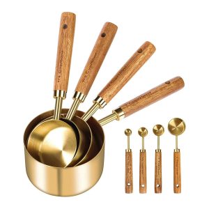 Stainless steel measuring cup measuring spoon 8 pcs set Acacia wooden handle measuring cup measuring spoon baking tool 4 pcs in stock wholesale