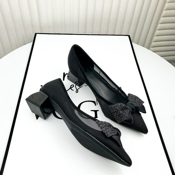 33601-111 Mesh High Heels Women's Summer 2024 New Black Professional Bow Hollow Thick Suit