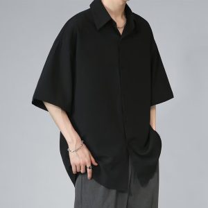 Ice silk short-sleeved shirt men's summer thin black Korean version of the trend loose casual five-quarter sleeve handsome and saving white lining