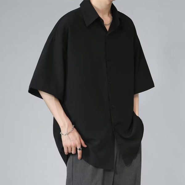 Ice silk short-sleeved shirt men's summer thin black Korean version of the trend loose casual five-quarter sleeve handsome and saving white lining - Image 4