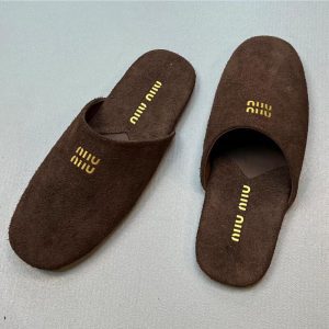 Top layer cowhide miu family flat half slippers women's 2024 autumn new leather mango yellow slippers
