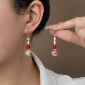 National style handmade Shoushan stone red agate earrings, retro new Chinese literary and elegant imitation pearl earhooks, temperament earrings