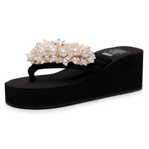 Cross-border summer beach vacations, handmade slippers, beaded high-heeled flip-flops, women's plus-size flip-flops