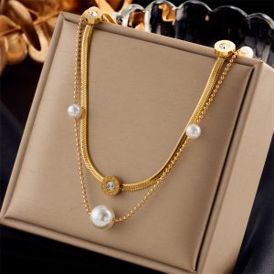 Cross-border fashion minimalist design vintage stainless steel multi-layer chain cross love pearl pendant necklace for women