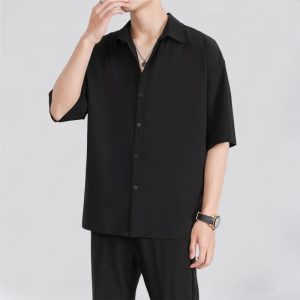 Ice silk shirt men's short-sleeved summer trendy brand trend men's casual jacket high-end sense of handsome five-quarter-sleeved black shirt